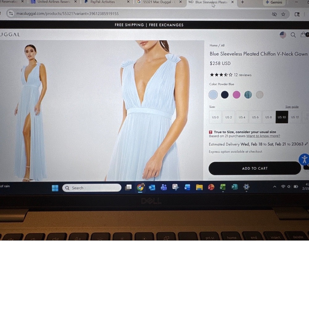 IEENA Mac Duggal Powder Blue Pleated Chiffon V-Neck Maxi Gown 55321 POB Size 8 - Picture 2 of 9